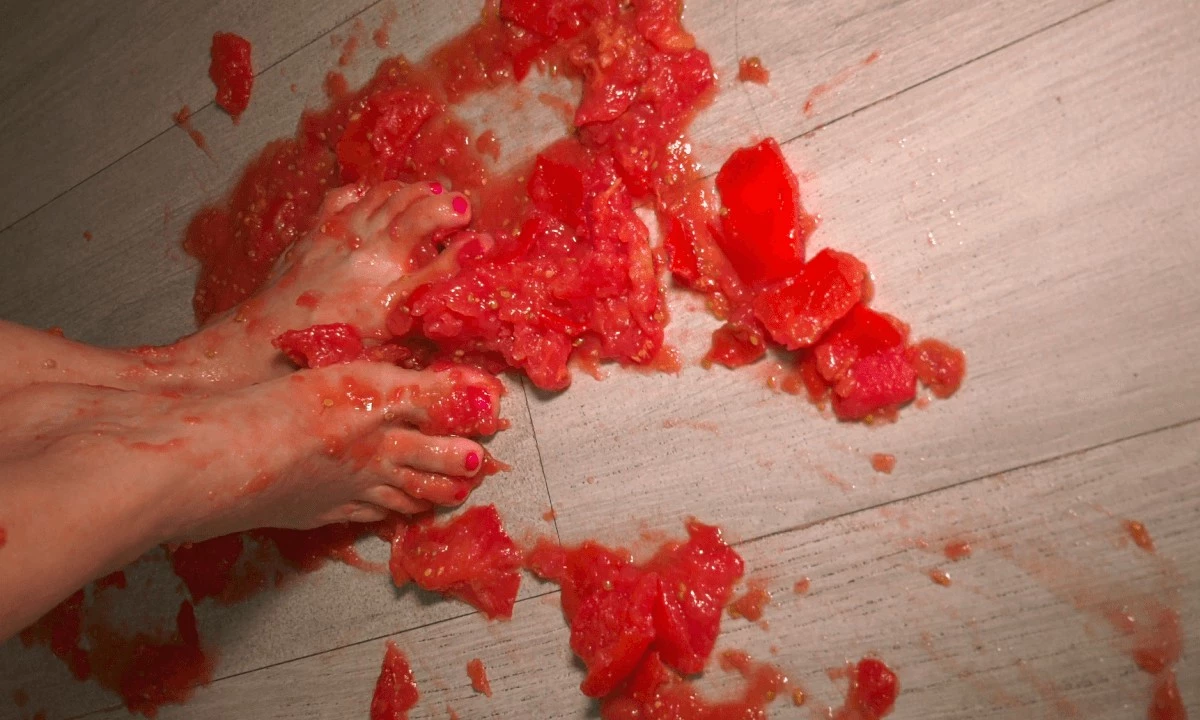 Hot Beautiful MILF Naked Walks Tramples Tomatoes Red Toes - Amateur Room Foot Fetish