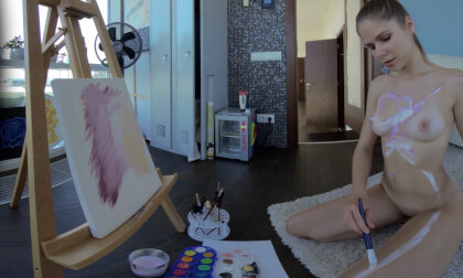 Romantic Evelina Painting a Canvas and Her Naked Body — Creative Erotic Art