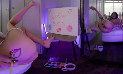 Abbie Storm — Dirty Pop Art On Her Naked Body And Canvas, Watching Herself In The Mirror